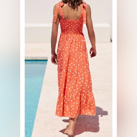 Orange Polka Dot Summer Maxi Midi Tiered Dress Shoulder Tie Flowy Boho Vacation - Picture 4 of 7